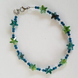 Hand Crafted Anklet Blue and Green Starfish 13" Beaded Star Ankle Bracelet